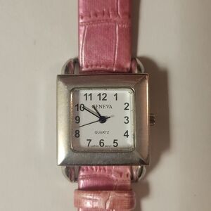 Geneva Pink Fauks Leather Strap Watch